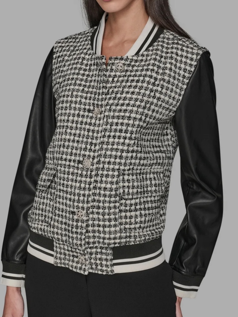 Karl Lagerfeld Black & White Mixed Media Tweed Varsity Jacket NWT